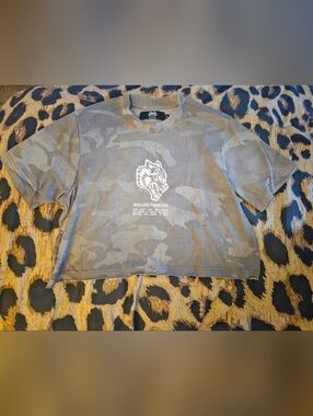 Darc Sport Gray Camouflage Crop Top with White Wolf Graphic